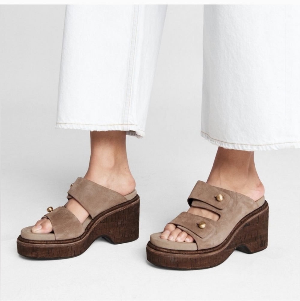 Rag & Bone Sommer Suede Wedge Slide Sandals Taupe Gold Studs Women's 40 platform - Picture 1 of 11